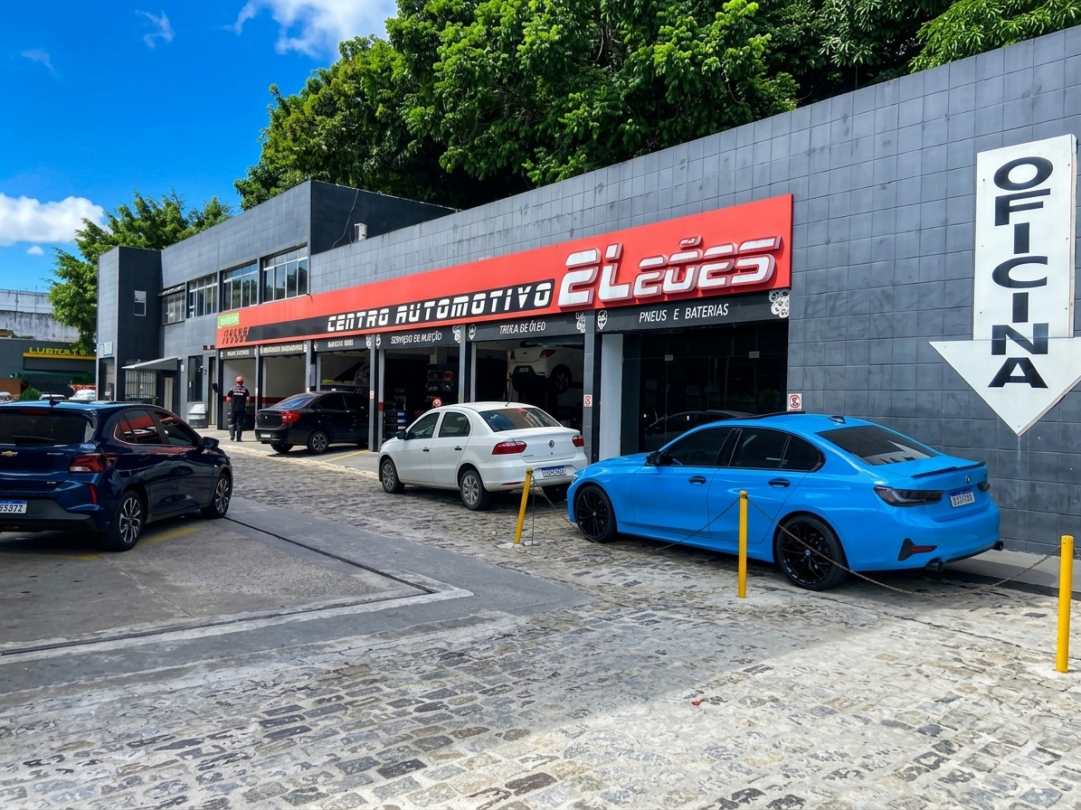 Fachada do Centro Automotivo 2 Leões com escudos heráldicos dos leões e carros estacionados.